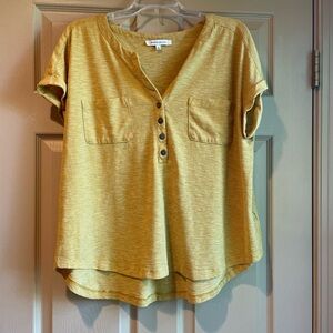 Rose + Olive Women's Yellow Stripe V-Neck Short Sleeve Button-Front Top, Size XL